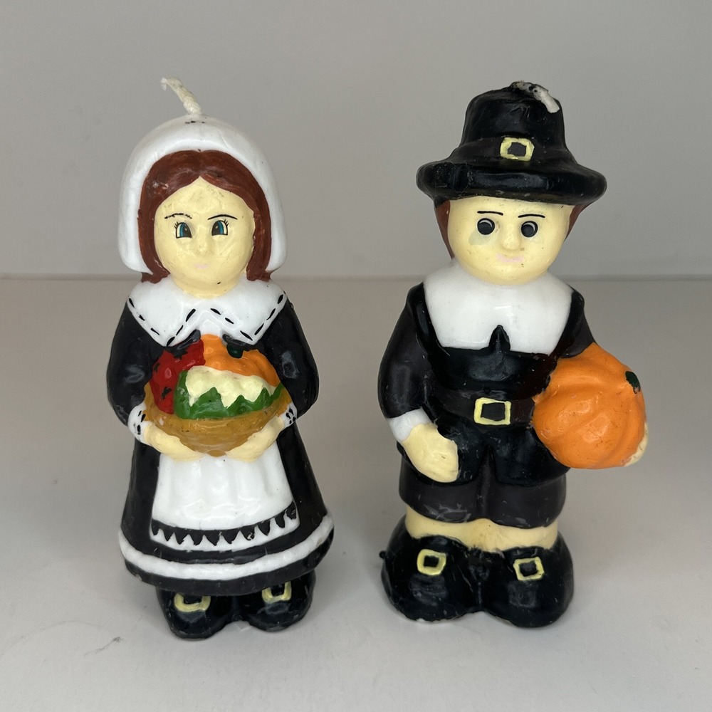 Vintage Pilgrim Boy Pilgrim Girl Thanksgiving Candle Set Unburned